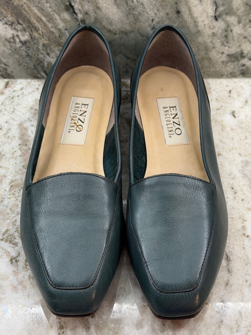Enzo Angiolini Classic Square Toe Vintage Leather Green Loafers